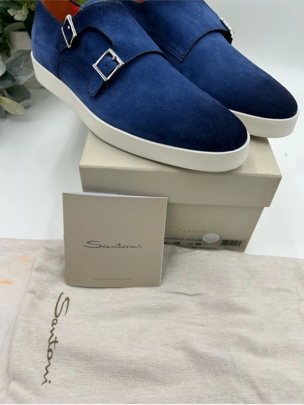 Men’s SANTONI blue suede Atlantis double monk strap shoes size 9 US made Italy
